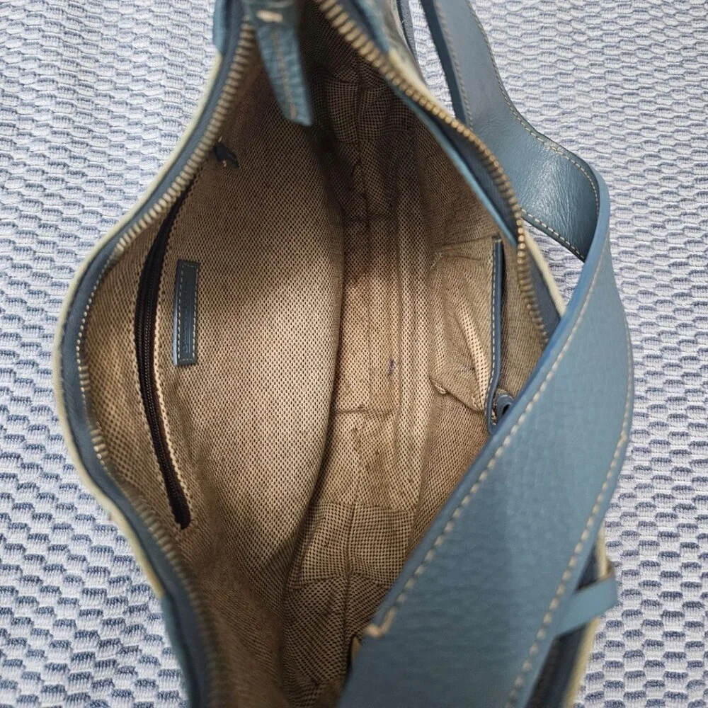 Vintage Dooney & Bourke Blue Monogram Canvas Blue Leather Trim Hobo Shoulder Bag - Picture 4 of 7